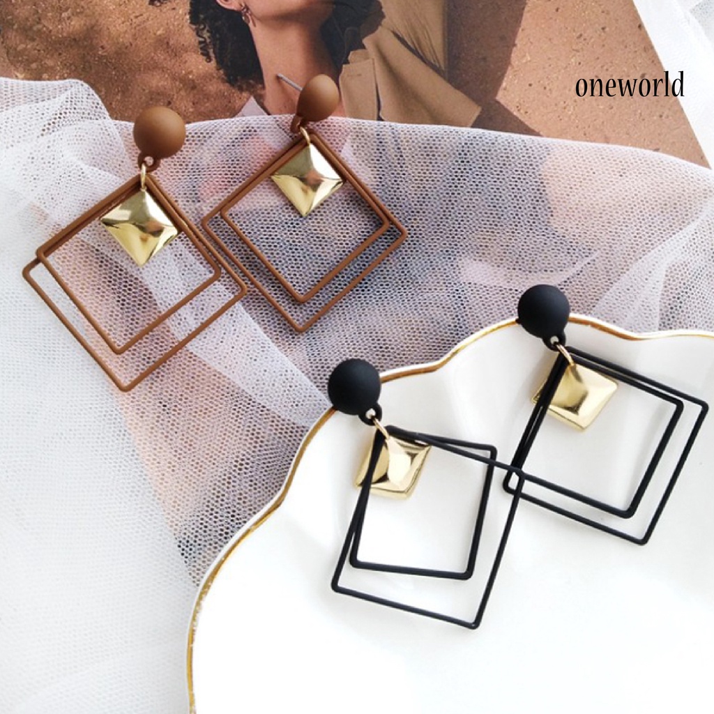 OW@ 1 Pair Ear Studs Piercing Concise Style Alloy Double Square Dangle Earrings for Gift