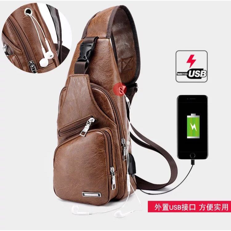 INFY - Tas Selempang Kulit Pria HP USB Port Slingbag Slempang Dada Shoulder Fashion P039 Import