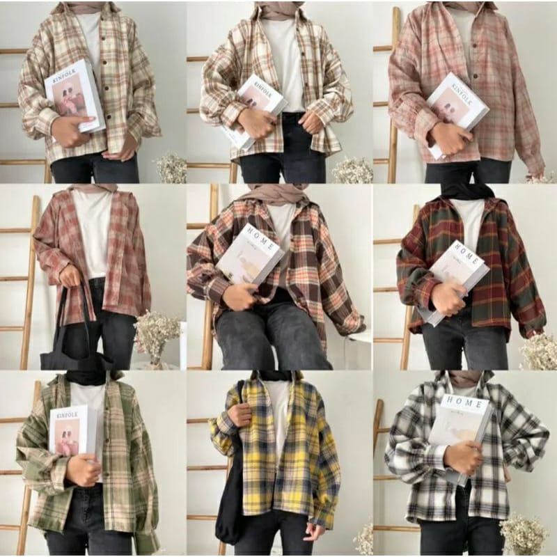 flanel atasan wanita kemeja wanita flannel kotak kotak wanita hem wanita lengan panjang