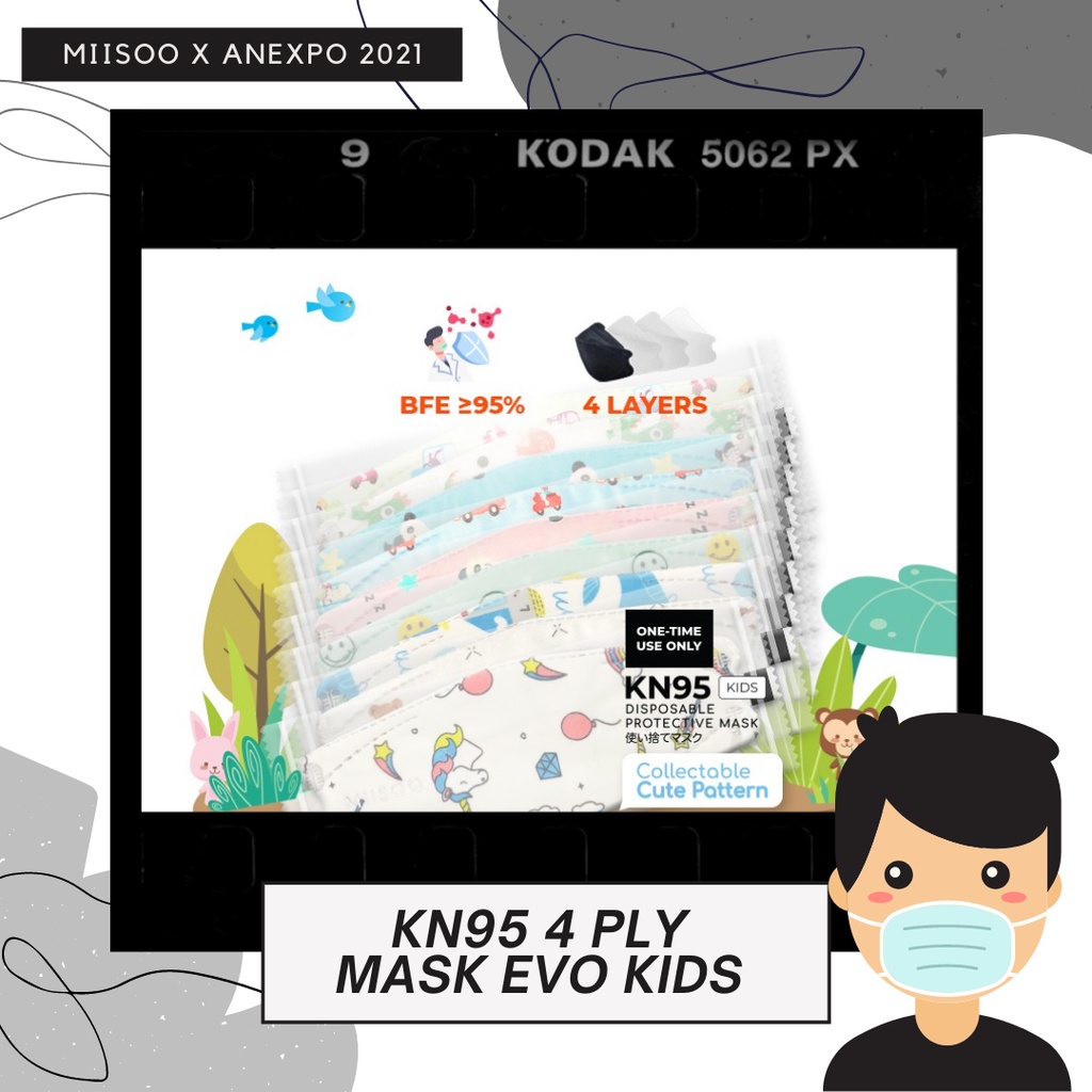 MIISOO Disposable Mask EVO Anak Motif N95 KN95 BFE 95% Masker Kesehatan wajah Kids 4ply IZIN BNPB