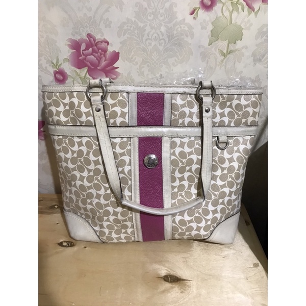 Coach Heritage Signature Stripe Pink Ivory tote shoulder handbag