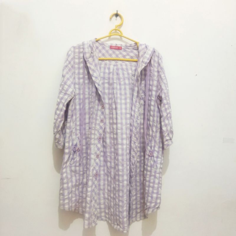 TERMURAH Atasan Wanita Kemeja Hoodie Merk Graphis Kotak-Kotak Ungu Putih Lengan 3/4