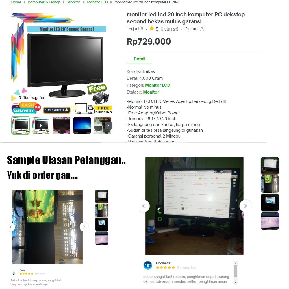 LED LCD Monitor PC Komputer Dekstop CCTV 20 inch Merek Campur Normal no minus Garansi Free Kabel Power