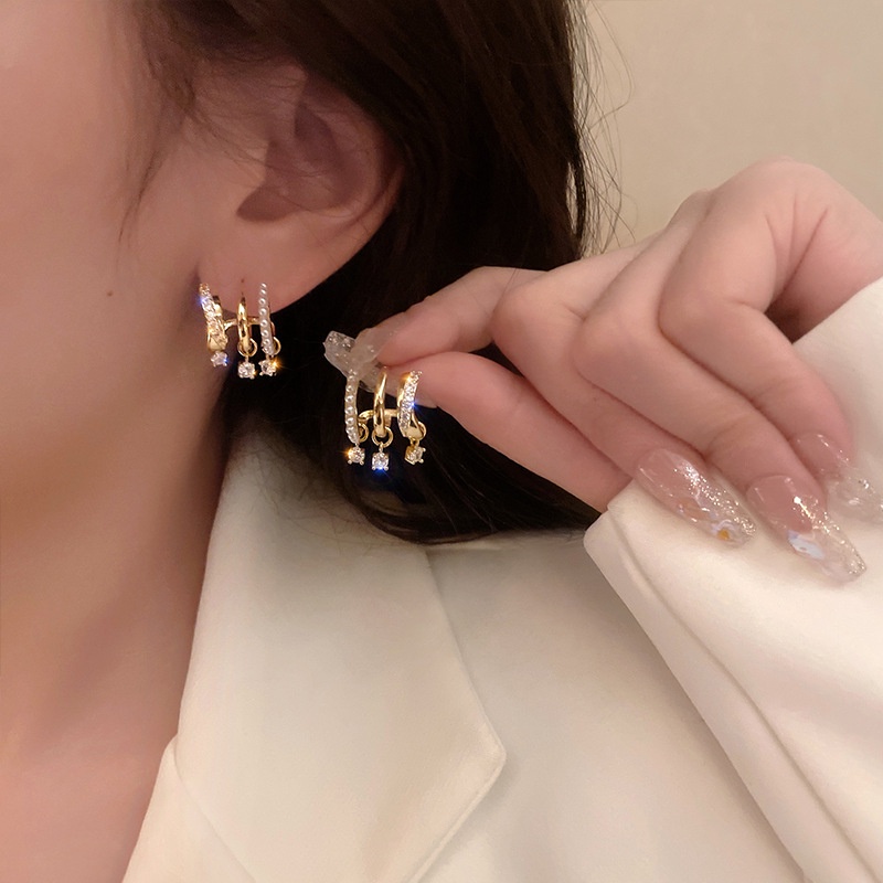 Anting Tusuk Gantung Wanita Desain Geometri Multi Layer Hias Mutiara + Zircon Gaya Korea Untuk Pesta