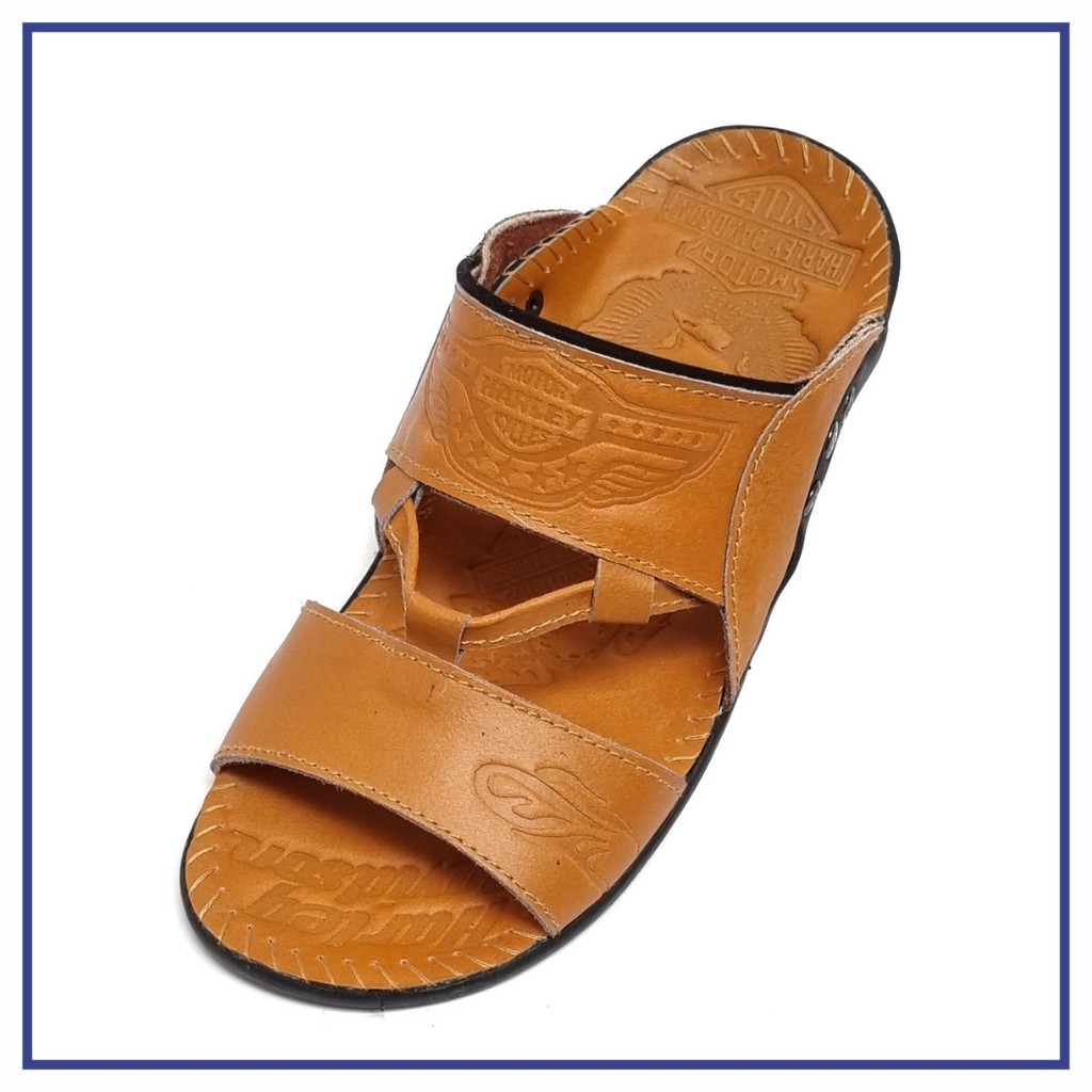 Sandal Pria Kulit Harley Davidson Ban 2 Tali Coklat Tan - JJ 04