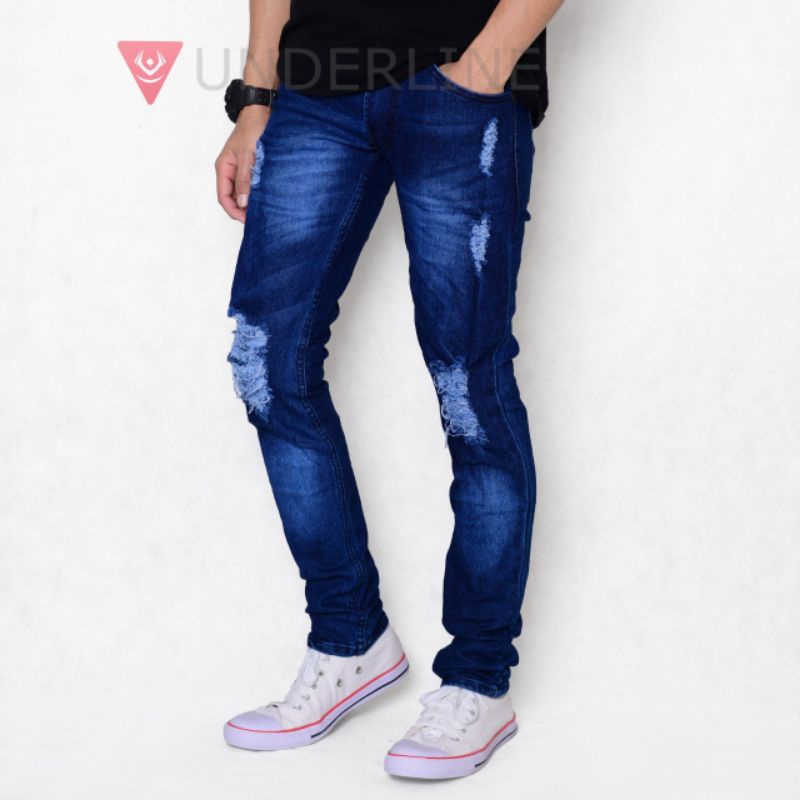 TERLARIS Jeans pria denim slim fit, ripped jeans pria original underline