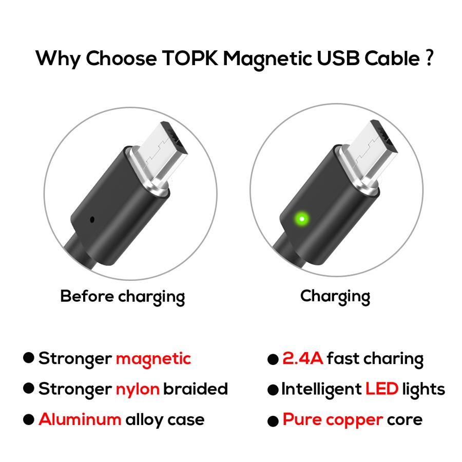 TOPK Kabel Charger Magnetic Micro USB Braided - Black