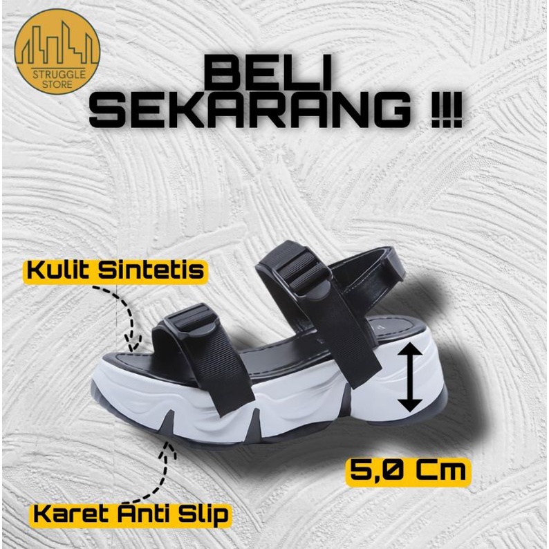 Sepatu Sendal Sandal Wanita Tinggi Jalan Tali Gunung Kulit Main Sehari Hari Import Korea Hitam Murah