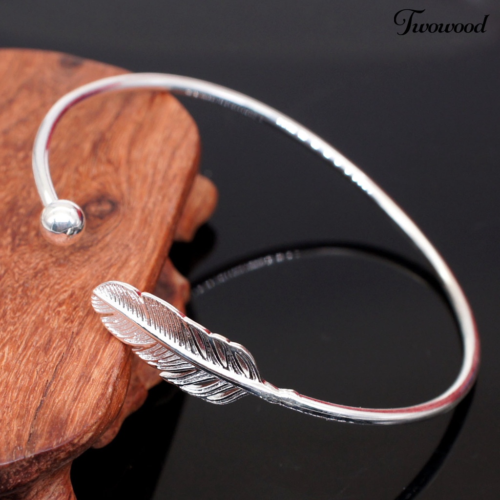 Twowood Silver Color Round Cuff Bracelet Copper Angel Feather Adjustable Simple Bangle for Valentine Day