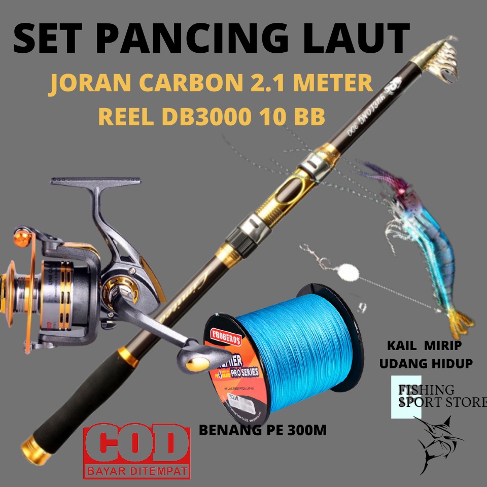 PROMO COD Set Pancing Laut DAN PANTAI  4 in 1 Joran 210CM Reel Size 3000 10 BB BENANG dan Kail UDANG