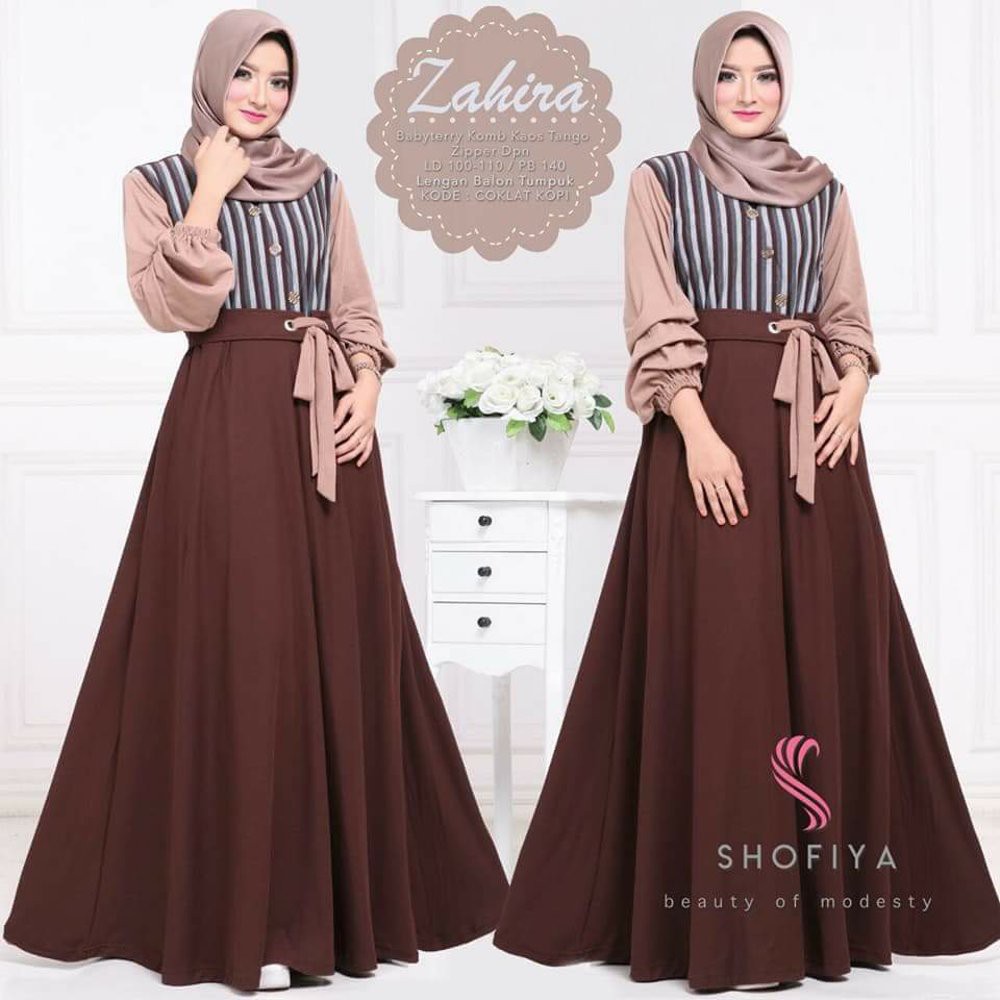 Jual Baju Muslim Zahira Dress Motif Salur Blaster Baju Gamis Wanita