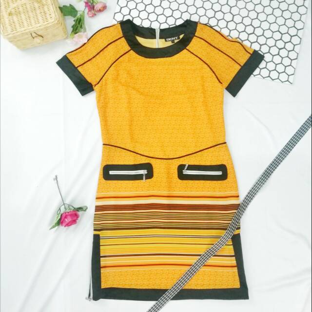 Dress DKNY wanita cewe import murah oren resleting pakaian wanita fashion cewek