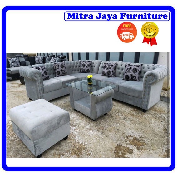 SOFA L SUDUT CHESTERFIELD FREE PUFF/ SOFA RUANG TAMU