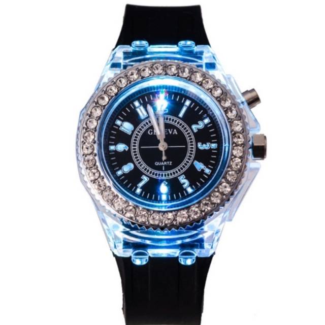 JAM WANITA GENEVA SILIKON BLACK WITH LED LIGHT