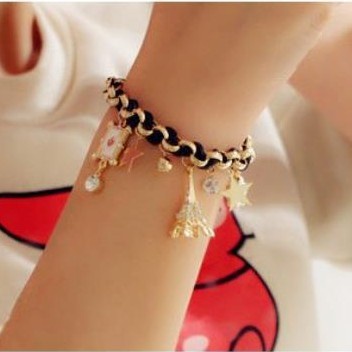 Gelang Kaki Bahan Kulit Motif Menara Eiffel / Bintang / Bunga / Hati Gaya Korea Untuk Wanita