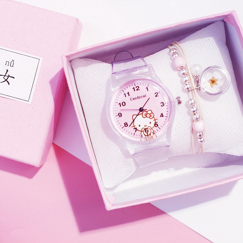 Hello Kitty Jam Tangan Wanita Jelly Rubber Transparant  Bening Karet Jam Tangan Murah