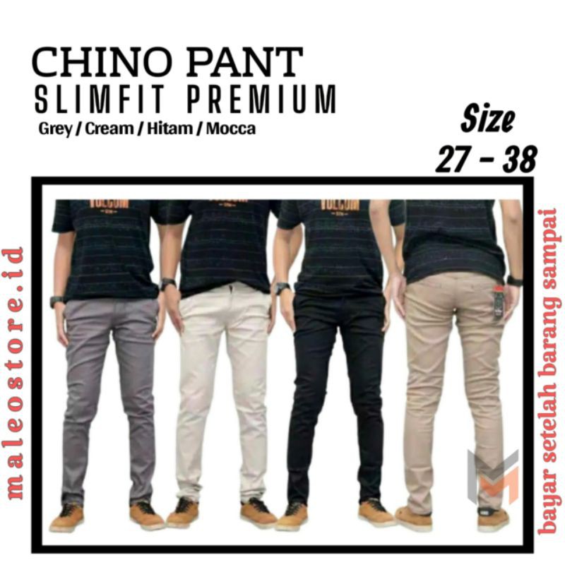 Celana Panjang Slimfit Chino/Cino/Chinos Pria/Cowok Standar - Krem(Cream)/Abu(Grey)/Hitam(Black)