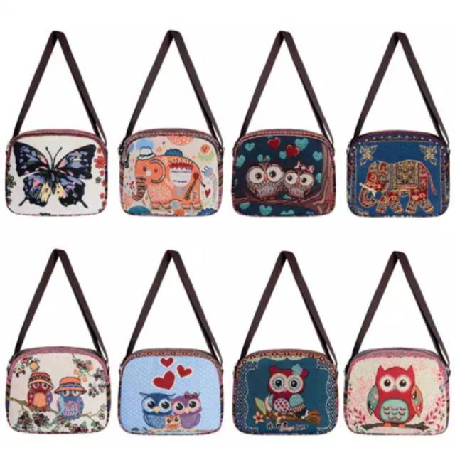 Tas selempang oval karakter owl dan elephant