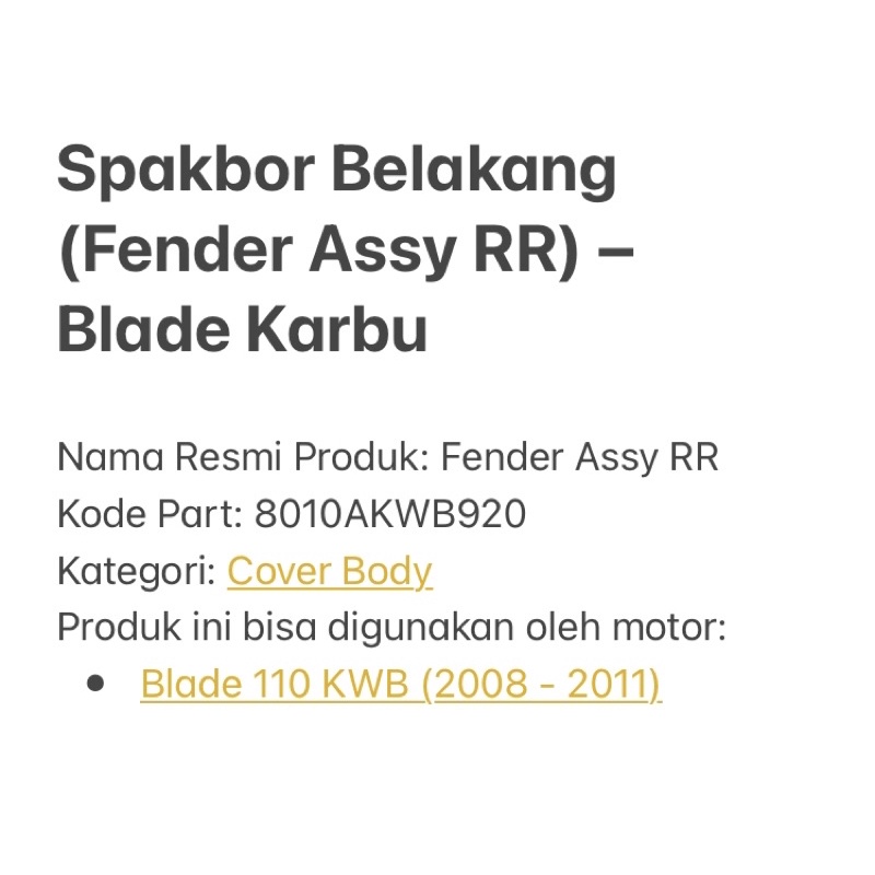 8010AKWB920 Slebor Spakbor Belakang Blade 110 Lama Karbu Old 2008-2010 Fender Assy RR