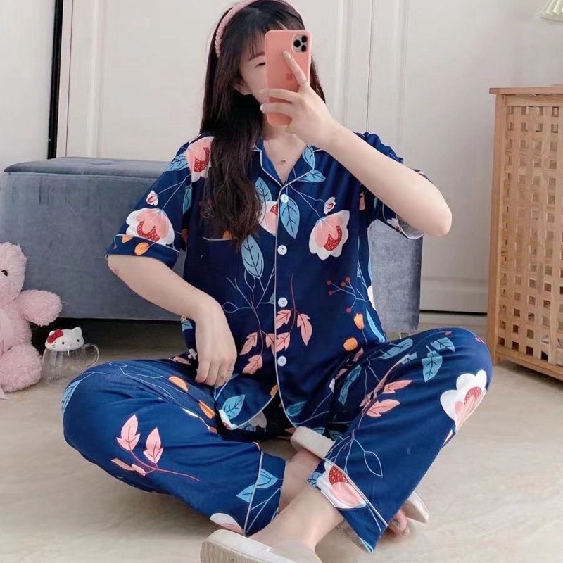 JC- PIYAMA SET Import CP / Piyama wanita Import terbaru / Piyama Import Korean Style-Flower Leaf Navy CP