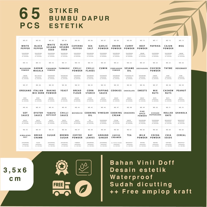 

Paket 65 pcs Label Bumbu Dapur Ukuran 3,5x6 cm Stiker Waterproof