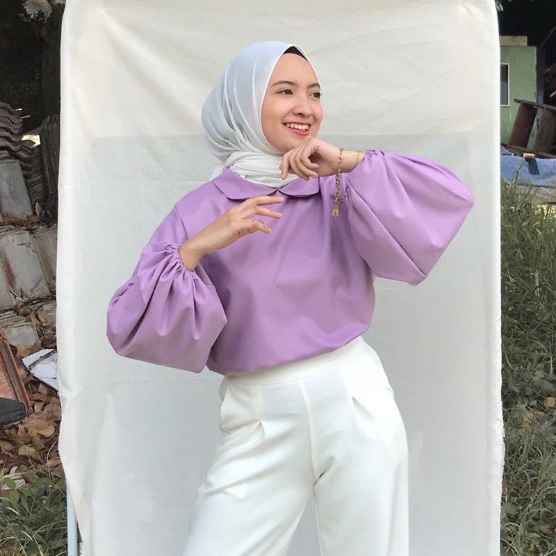 BLOUSE SHANOMA LD92 Atasan wanita lengan panjang balon baloon puff polos putih ungu Lilac white mile