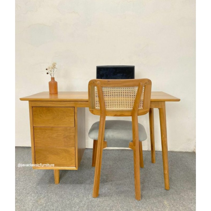 1 SET KURSI MEJA KERJA KANTOR MEJA LAPTOP KOMPUTER BELAJAR ANAK SEKOLAH MINIMALIS LACI 3 BAHAN KAYU JATI NATURAL VINTAGE MURAH-1
