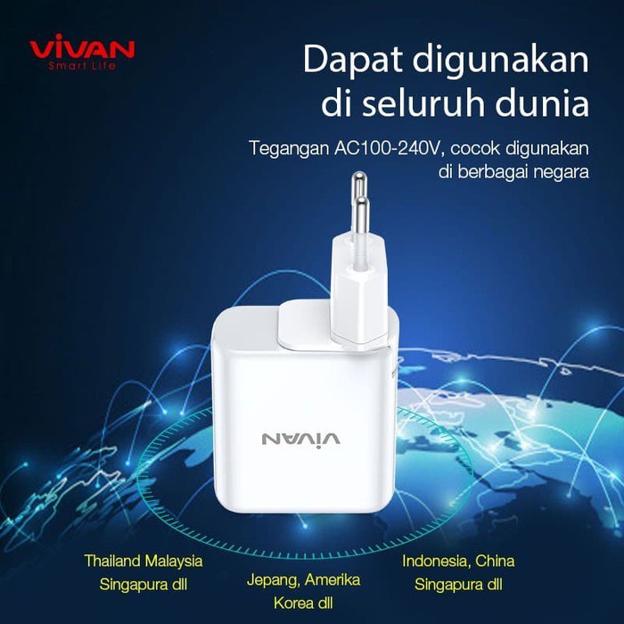 Charger Quick Charge VIVAN Power Boost Dual Port USB (QC3.0) &amp; Type-C (PD) 5A 45W - Garansi 1 Tahun