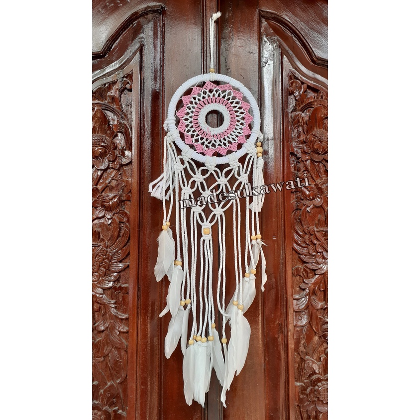 Dream catcher sulam jaring benang diameter 17cm panjang 67cm dekorasi hiasan rumah