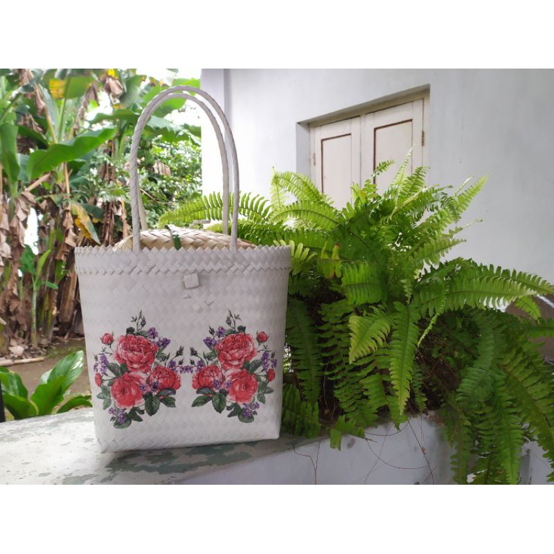 Shoulderbag Tas Anyaman Plastik Lukis Decoupage Cantik Istimewa Bahan Halus (L)