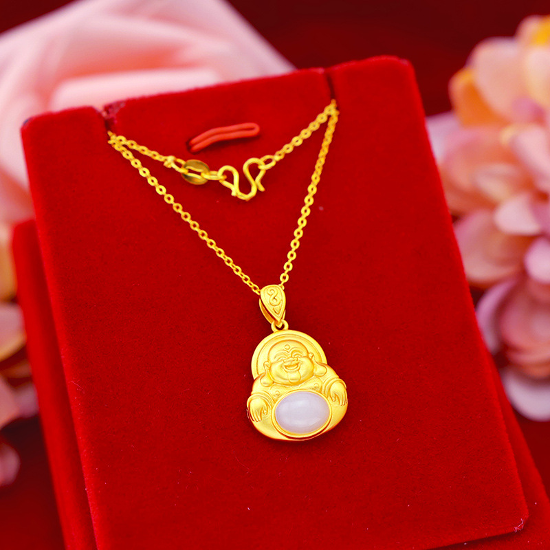 Kalung Emas Asli Kadar 375 Dengan Liontin Giok Mosaik Buddha Untuk Wanita