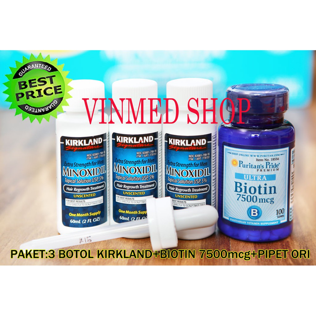 Kirkland Minoxidil 3 Botol +Biotin 7500mcg @100 Tabs+FREE Pipet ORI