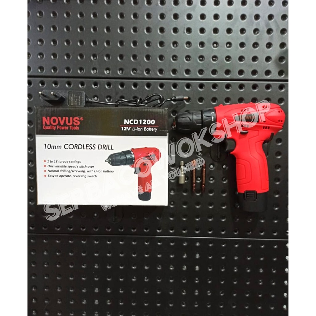 Novus Mesin Bor Cordless Drill Reversible 12 Volt Bonus Mata Bor Sock Roofing &amp; Mata Obeng Angin