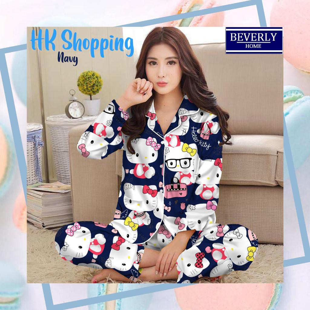 Bestfashions BAJU TIDUR PIYAMA PAJAMAS Pp DEWASA WAMITA motif HK Shopping 2w - bahan KATUN JEPANG-Navy