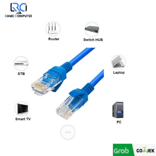 Kabel LAN dengan Kepala Konektor RJ45 yang sudah terpasang. Praktis da