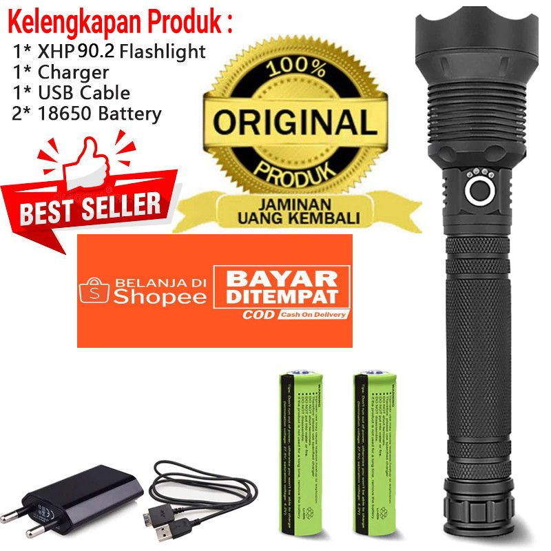 Senter LED super terang jarak jauh charger usb XHP90 original