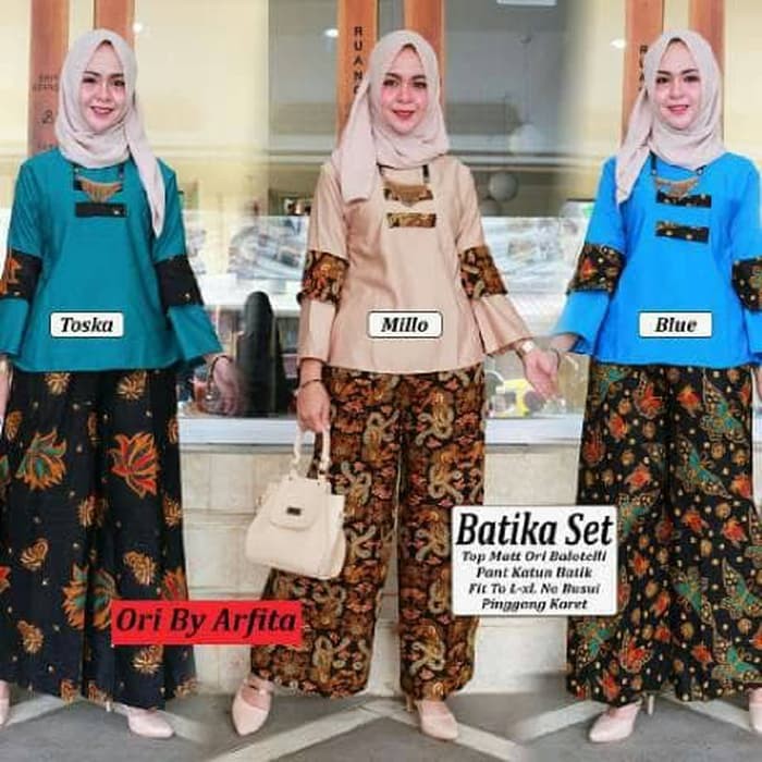pakaian setelan serasi set BATIKA SET KULOT BATIK PALLAZO - Hijau Tosca kebaya sabyan pesta nikah ko
