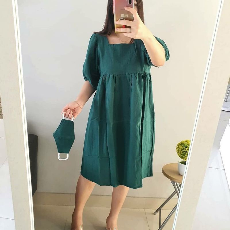 Dress Babydoll Neck Dress Natal Casual Dress Wanita Dress Hijau Dress Pink