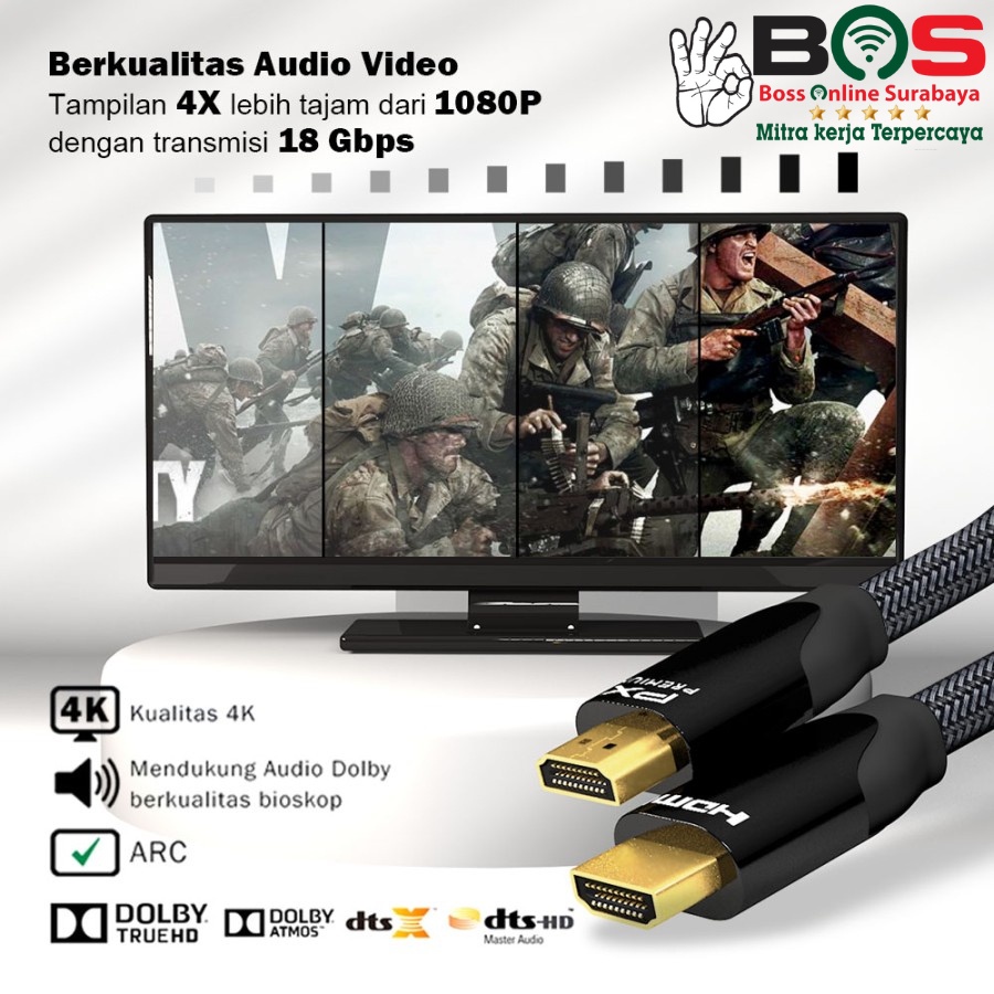 Kabel HDMI 4K High Speed HDR Nylon Braided 1.2 Meter PX HD2-1.2MX - 1.5, Hitam