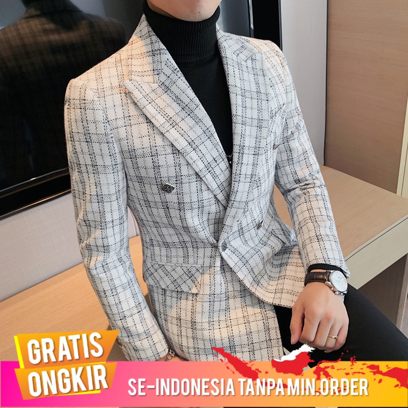 Jas Pria Musim ngin Korea Fashion Style  Pria Jaket Jas Tebal Kotak-kotak Jas Double Breasted Wol Su