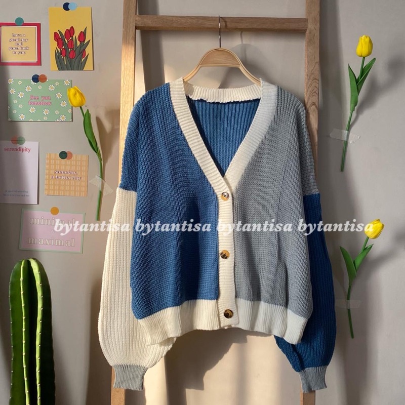 CARDIGAN RAJUT TWIST | OUTER OUTWEAR KNIT MIX WARNA KOMBINASI | CARDYGAN TEBAL PREMIUM HIGH QUALITY-Denim Twist
