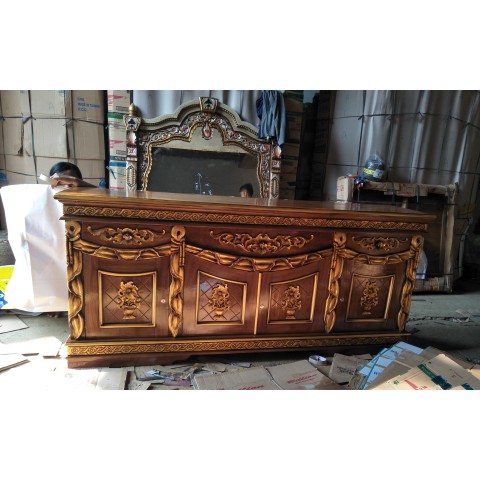 bufet tv slendang ukiran warna natural emas kayu jati