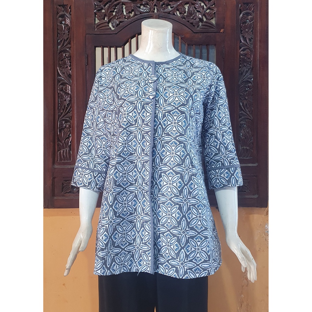 NEW Atasan Blouse Batik MOSA Blus Wanita Lengan Pendek 3/4 Kancing Depan. Motif Batik Pekalongan -250-Kawung 4 Abu