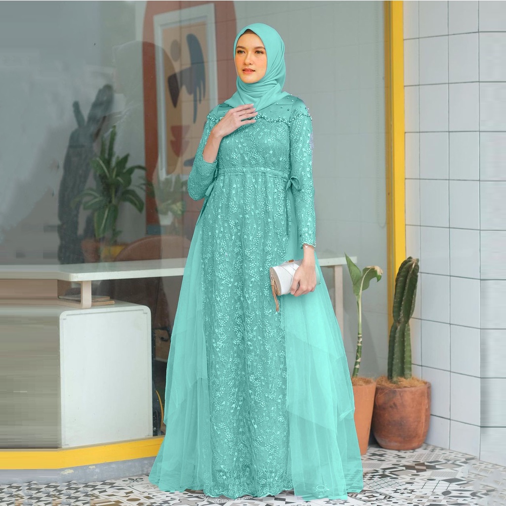 AZKANA BATIK - Gamis Brukat Maxi Dress Auliya Lengan Panjang Baju Kondangan Wanita Kekinian Dress Bridesmaid Brukat Tulle Mix Payet Mutiara Gamis Lebaran 2023