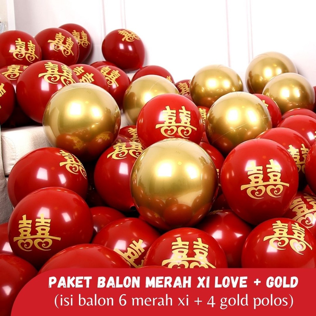 Balon Merah Wedding bahan TEBAL Motif huang Xi Kotak isi 10pcs