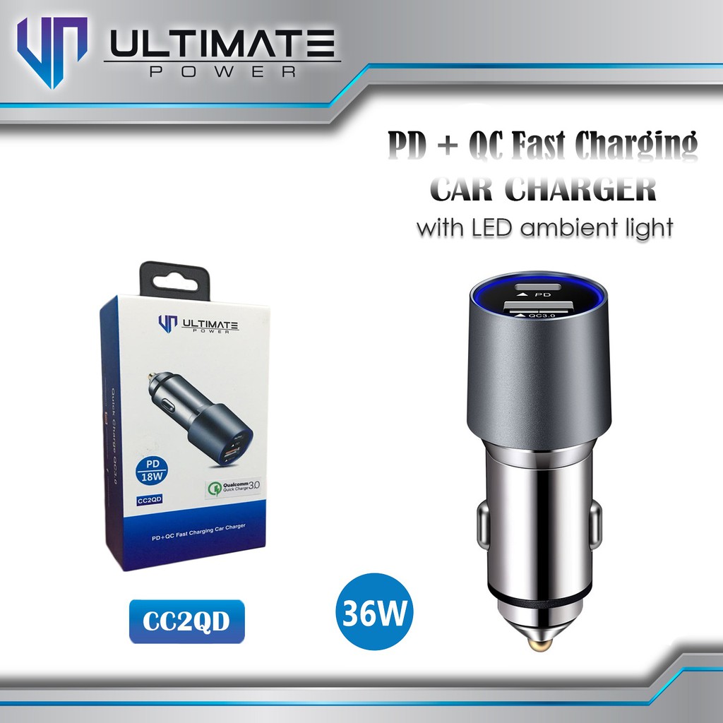 Ultimate Power 36W PD+QC Fast Charging Car Charger with LED Ambient Light original100%asli