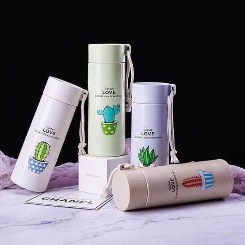 Botol Kaca Kaktus, Botol Minum Kaca Termos Kaca Motif + Dos