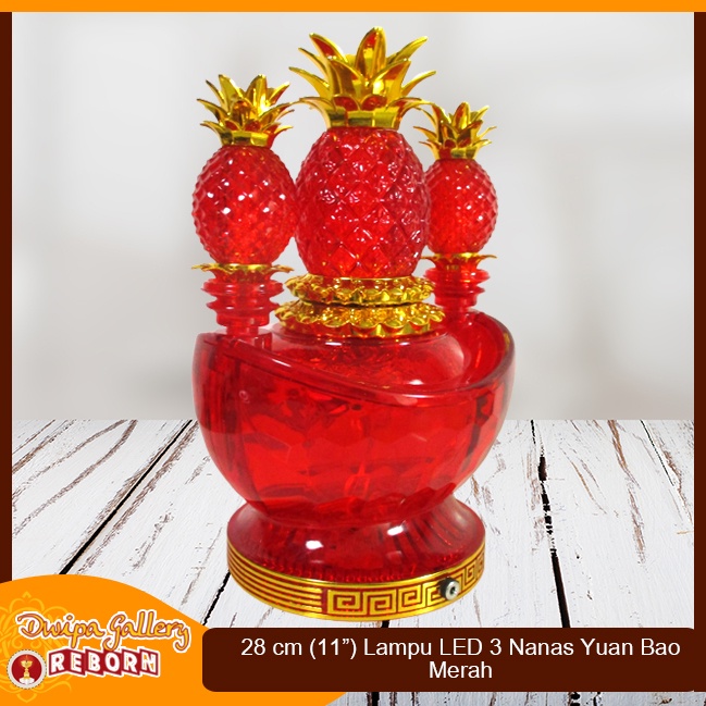 Lampu Sembahyang Altar LED Merah 3 Nanas + Yuan Bao 28cm