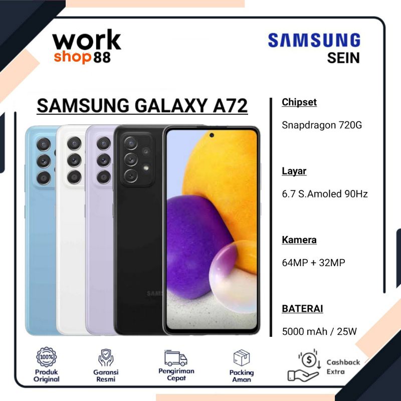HP Baru Samsung Galaxy A72 8/256 Ram 8GB Rom internal 256GB - New SEIN Original Garansi Resmi - Handphone Tipe Tinggi - 64MP NFC Super AMOLED - Warna Terbaru Black violet Blue White Hitam Ungu Biru Putih - 8/128 128GB 8 128 256 GB