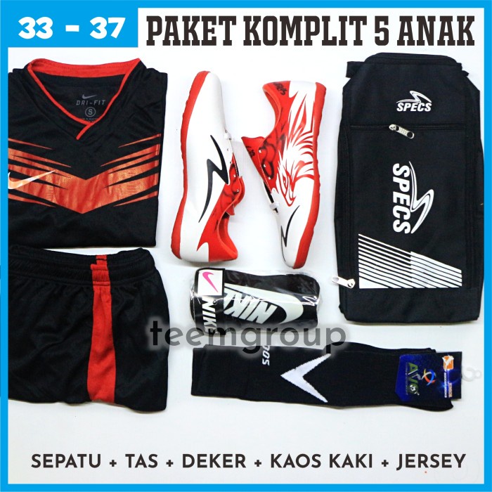 Sepatu Futsal Anak Specs Paket Komplit 5 in 1 Bonus Jersey - Garuda Putih, 33
